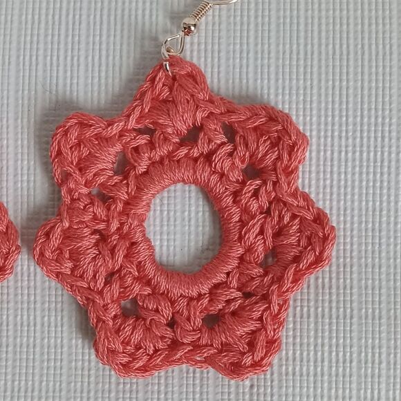 Handmade Pink Lightweight Flower Shaped Embroidery Floss Crochet Dangle Earrings - Picture 4 of 8